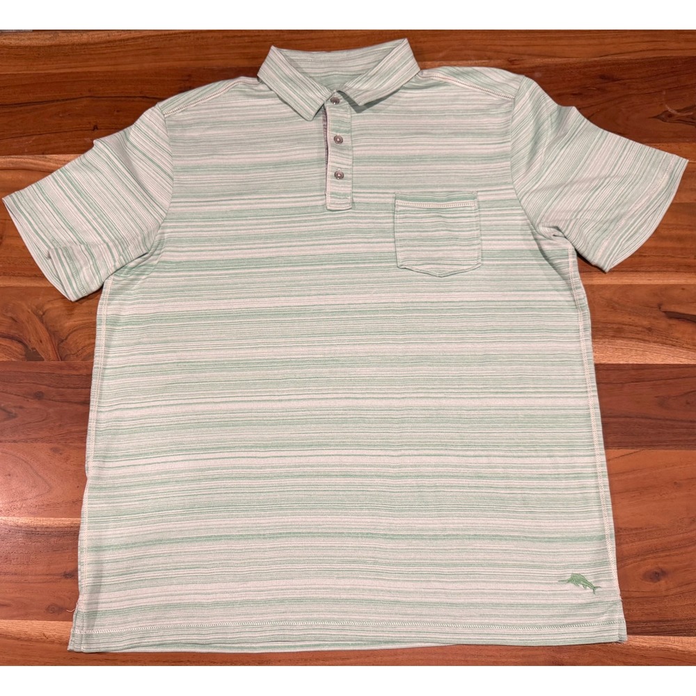 Tommy Bahama IslandZone Polo Mens L Green Stripe Performance Golf Pocket Shirt